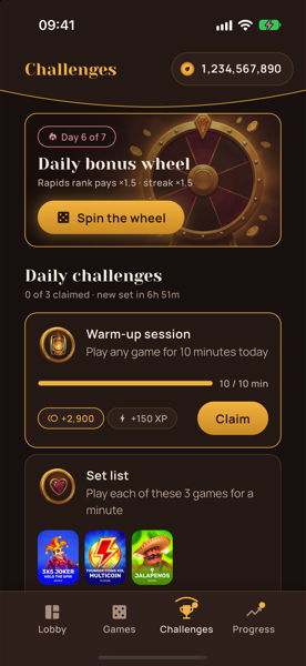 Daily challenges and the bonus wheel