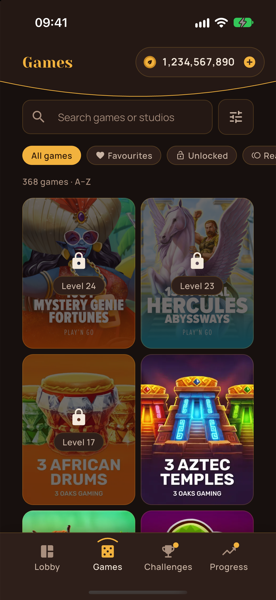 The games catalogue with search, filters and lock states