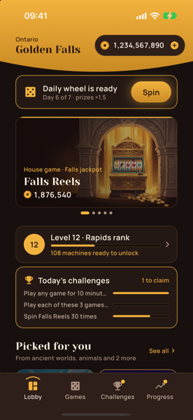 Ontario Golden Falls Casino lobby with the daily bonus ribbon, featured carousel and today's challenges