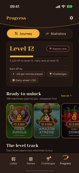 The progress journey with level, rank and experience meter